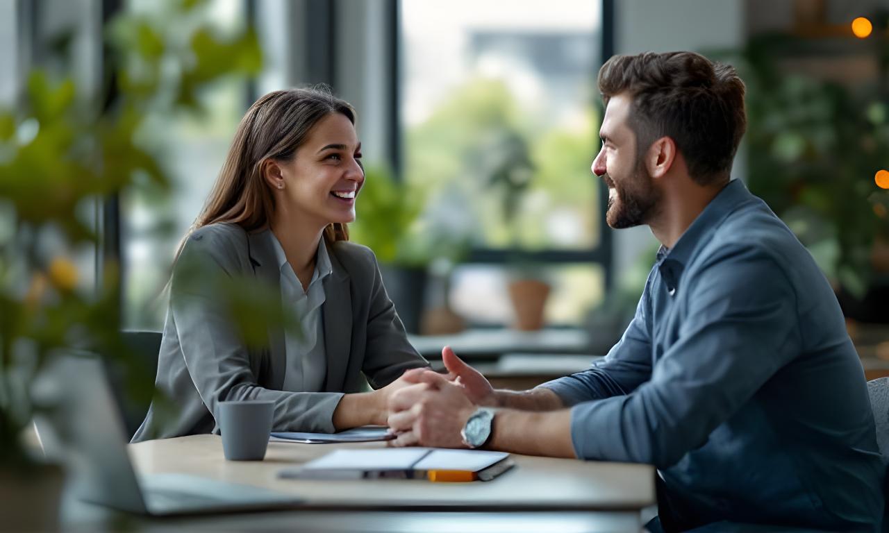 Friendly HR consultant at a bright desk in Melbourne, speaking with a client beside neat notebooks and a laptop