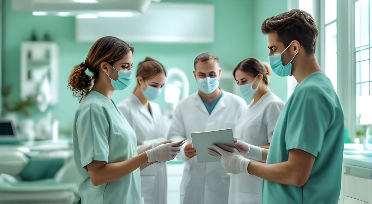 Dental team in a bright modern Melbourne clinic reviewing rosters beside a treatment room