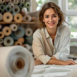 Fashion designer working beside fabric rolls and sketches in a calm studio