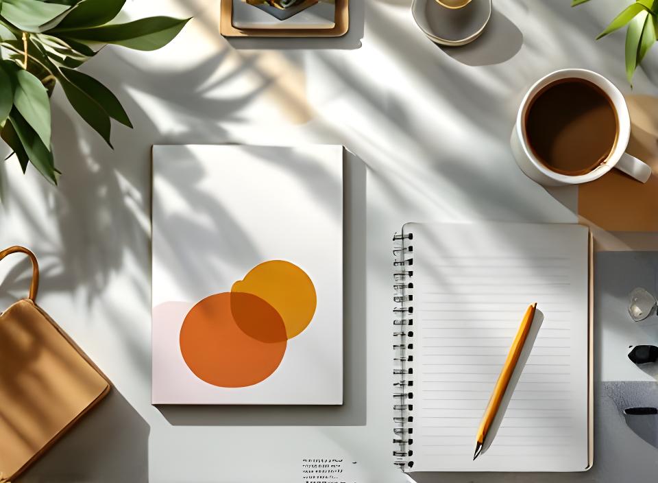 Printed guide cover and notebook on a desk beside a pen and a coffee cup in a modern office