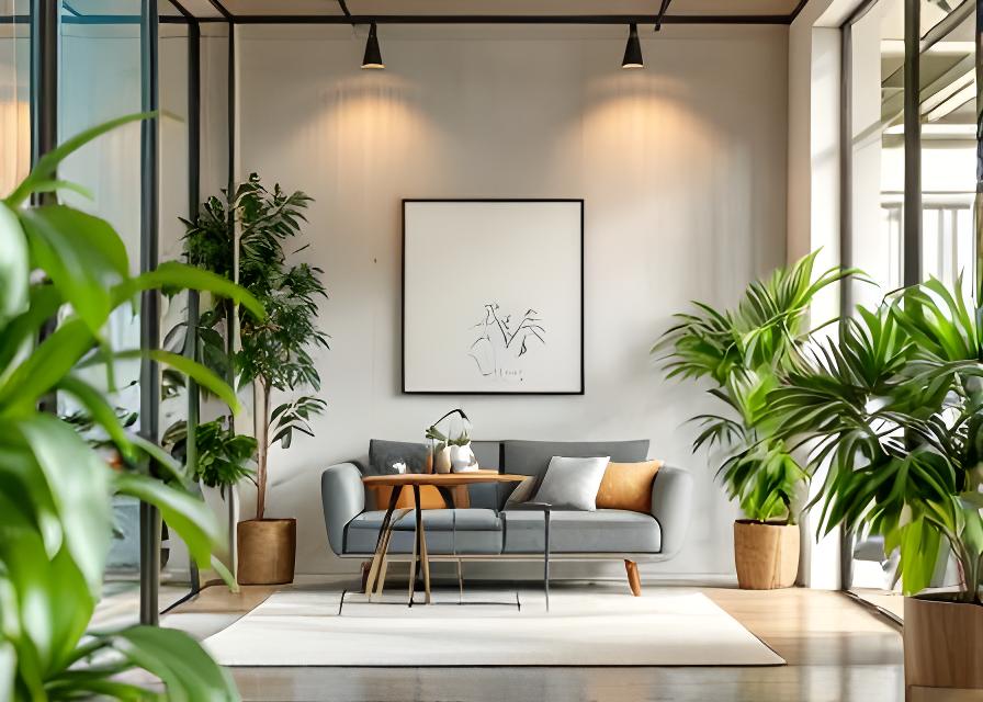 Modern Melbourne office meeting corner with a consultant desk, plants and soft daylight through a window