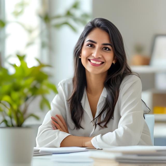 Priya Nair in a light healthcare consulting office with documents and a plant-filled desk